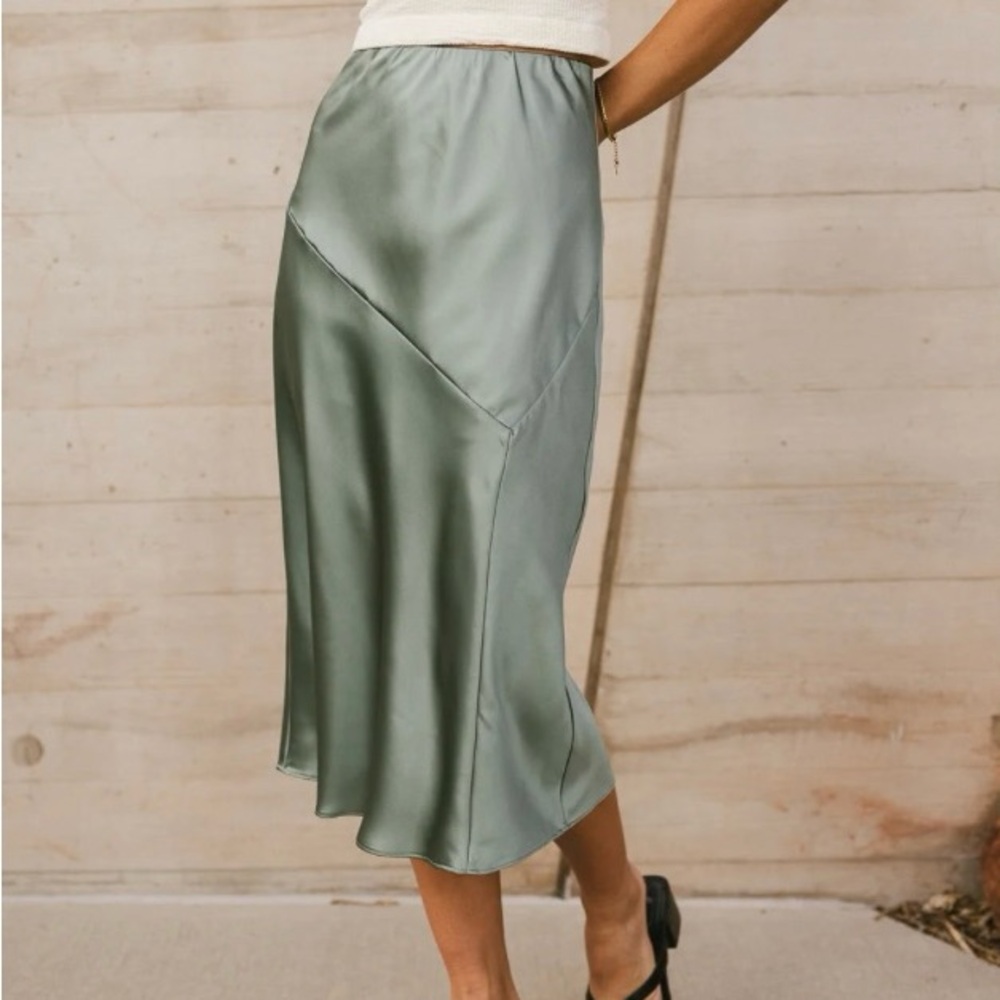 BOHME Satin Midi Skirt in Sage Green